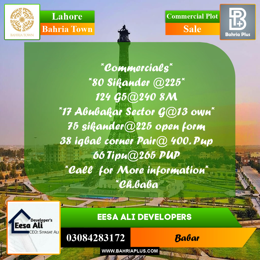 Commercial Plot for Sale in Bahria Town, Lahore - (BP-244005)