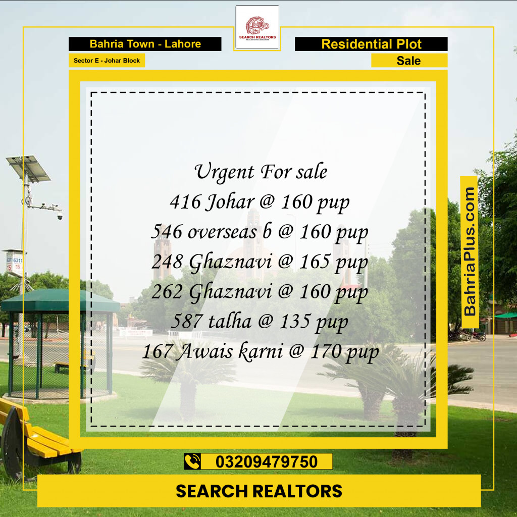 10 Marla Residential Plot for Sale in Sector E - Johar Block -  Bahria Town, Lahore - (BP-244010)