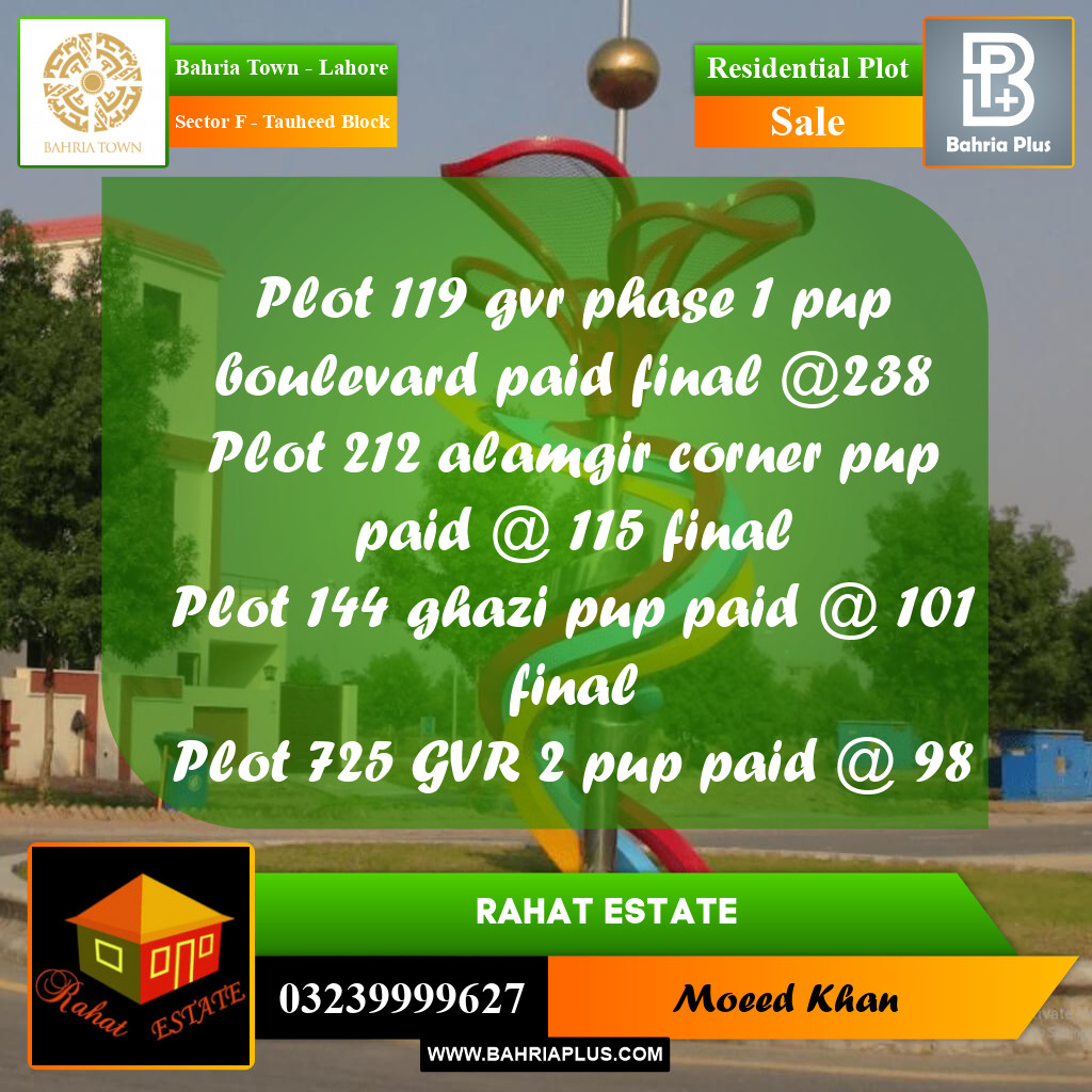 10 Marla Residential Plot for Sale in Sector F - Tauheed Block -  Bahria Town, Lahore - (BP-244213)