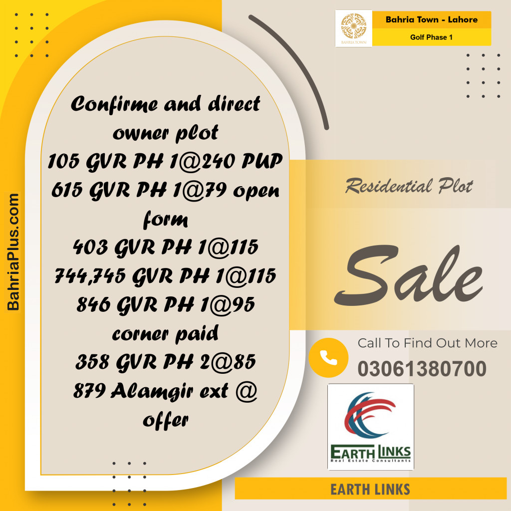 10 Marla Residential Plot for Sale in Golf Phase 1 -  Bahria Town, Lahore - (BP-244216)