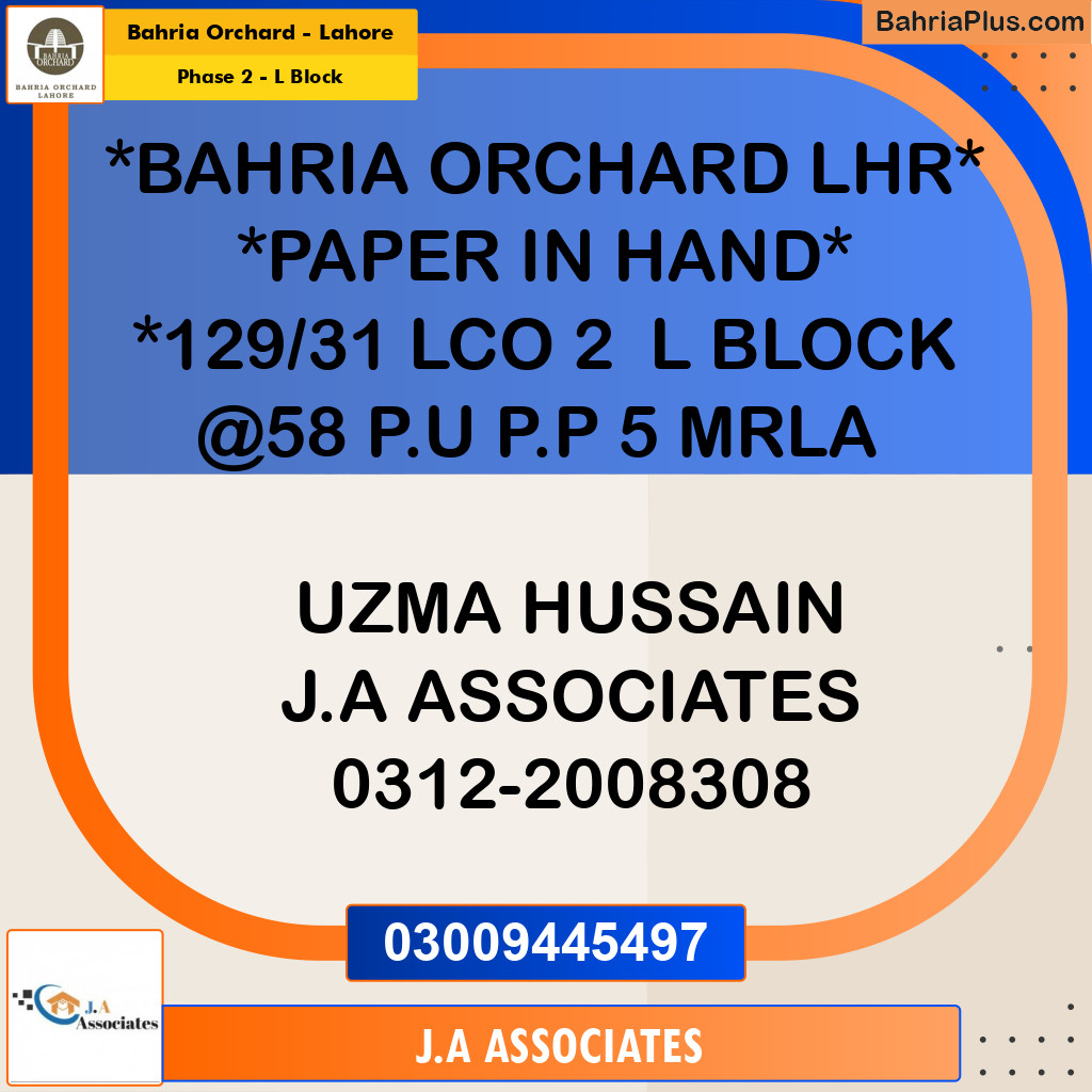 5 Marla Residential Plot for Sale in Phase 2 - L Block -  Bahria Orchard, Lahore - (BP-244226)