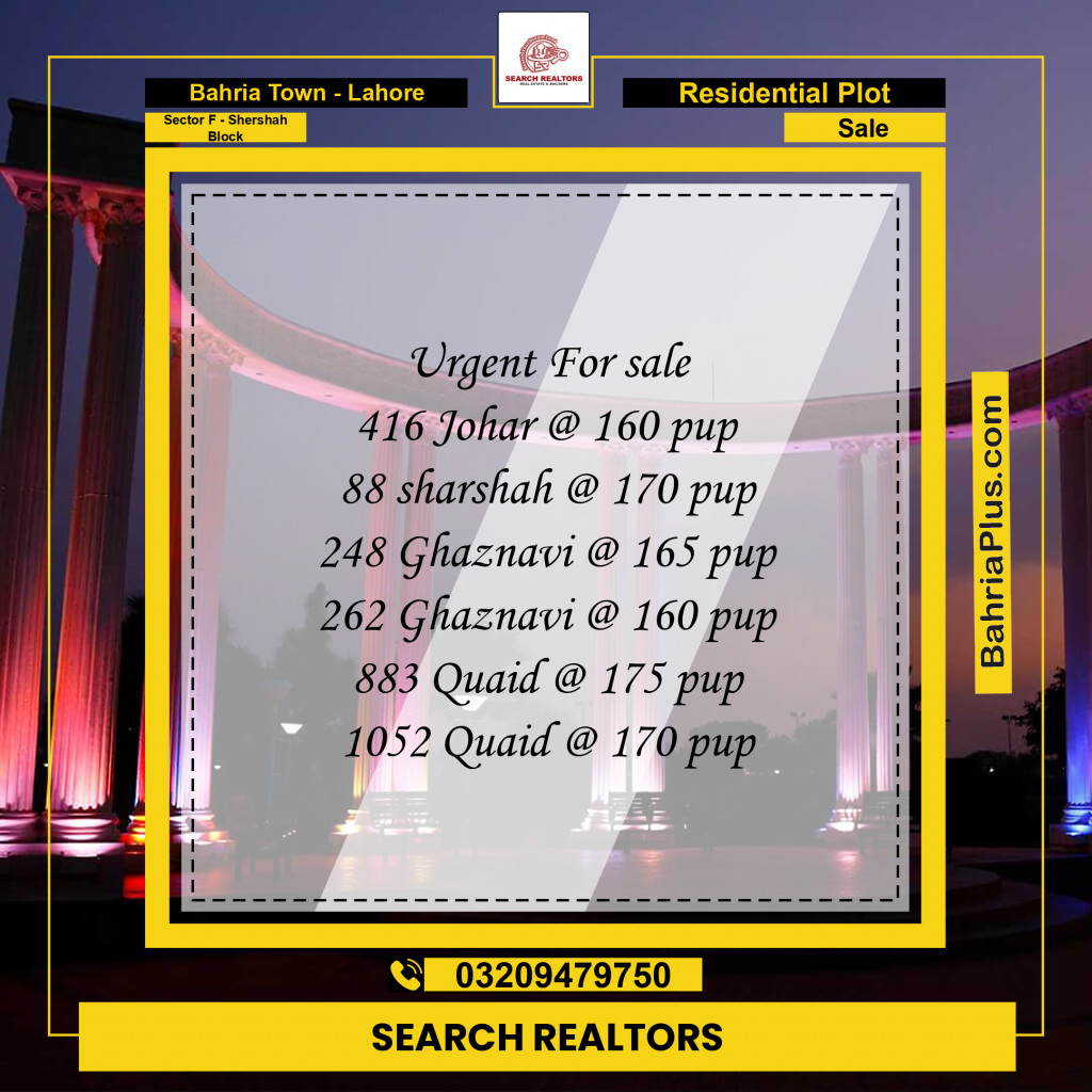 10 Marla Residential Plot for Sale in Sector F - Shershah Block -  Bahria Town, Lahore - (BP-244254)