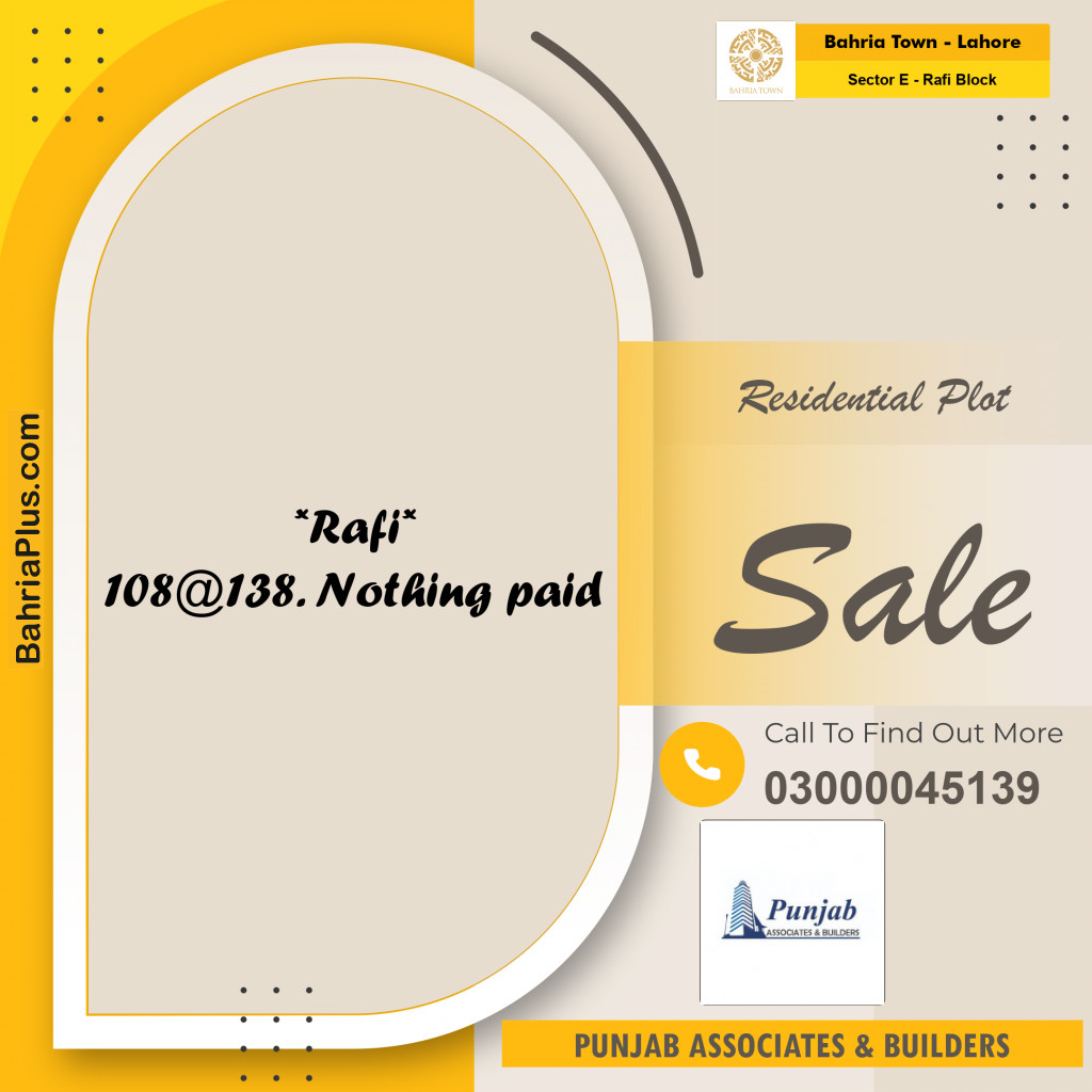 10 Marla Residential Plot for Sale in Sector E - Rafi Block - Bahria Town, Lahore - (BP-244255)