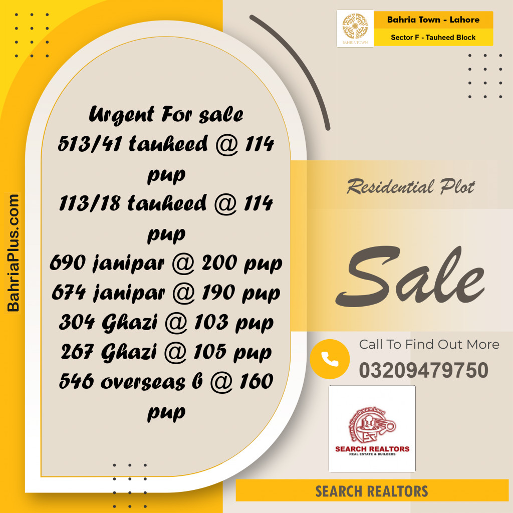 10 Marla Residential Plot for Sale in Sector F - Tauheed Block - Bahria Town, Lahore - (BP-244257)