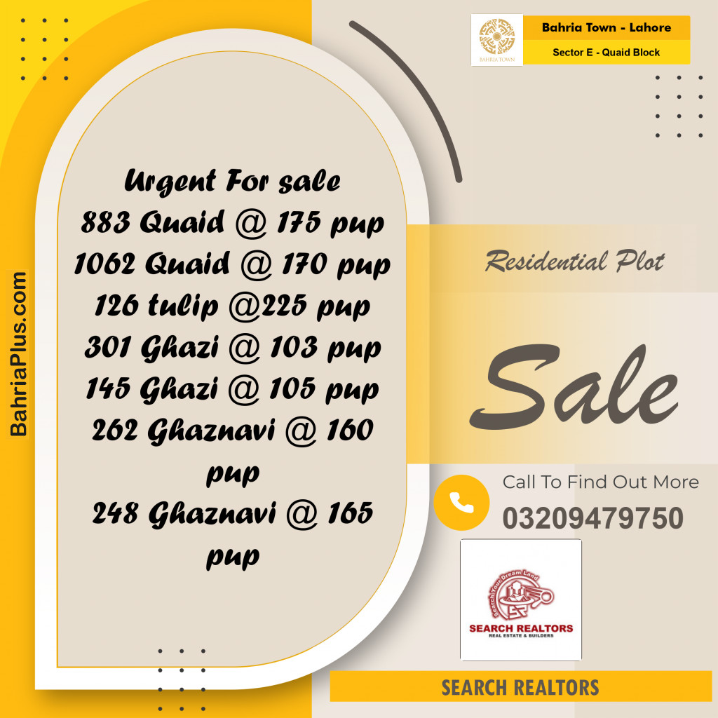 10 Marla Residential Plot for Sale in Sector E - Quaid Block - Bahria Town, Lahore - (BP-244449)