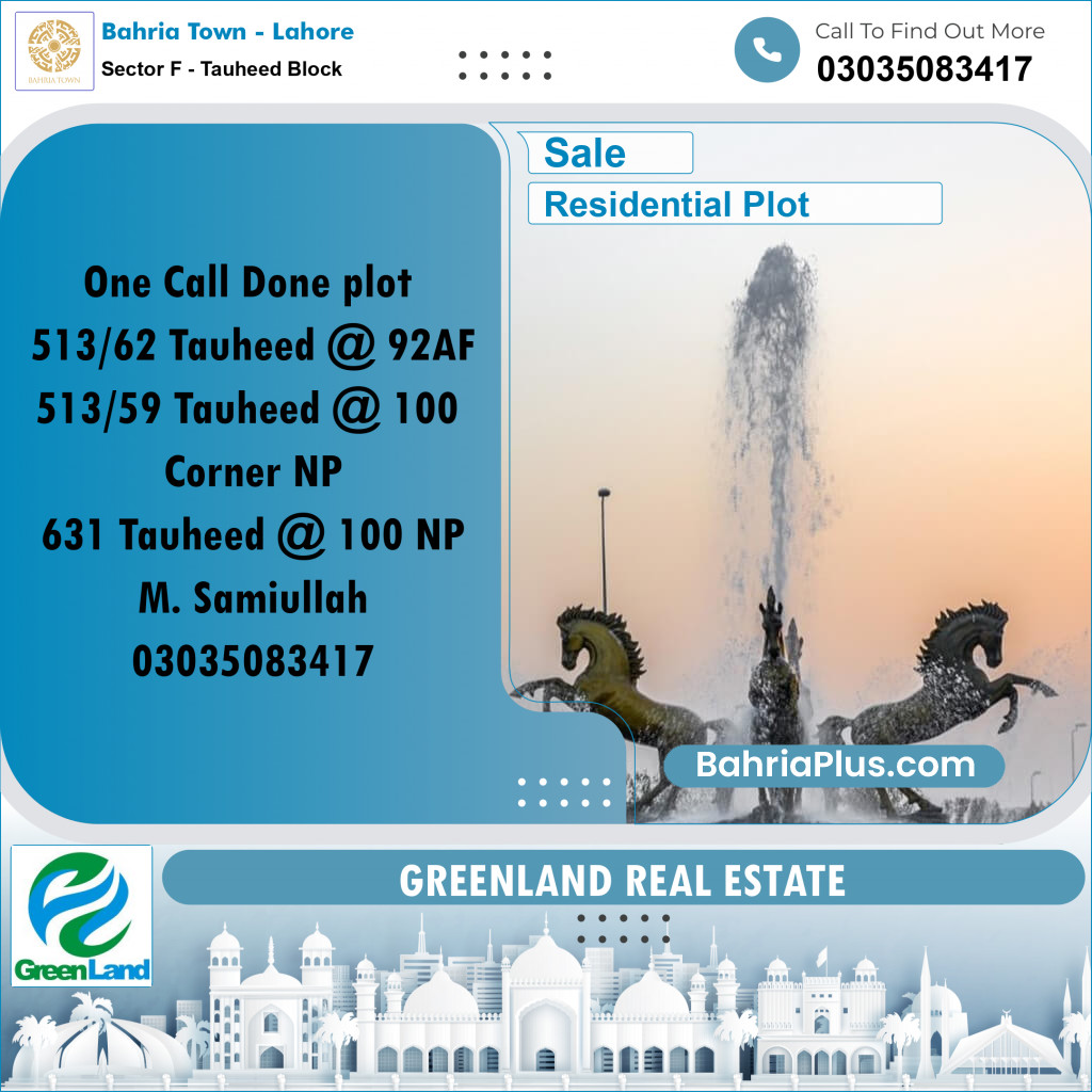 Residential Plot for Sale in Sector F - Tauheed Block - Bahria Town, Lahore - (BP-244471)