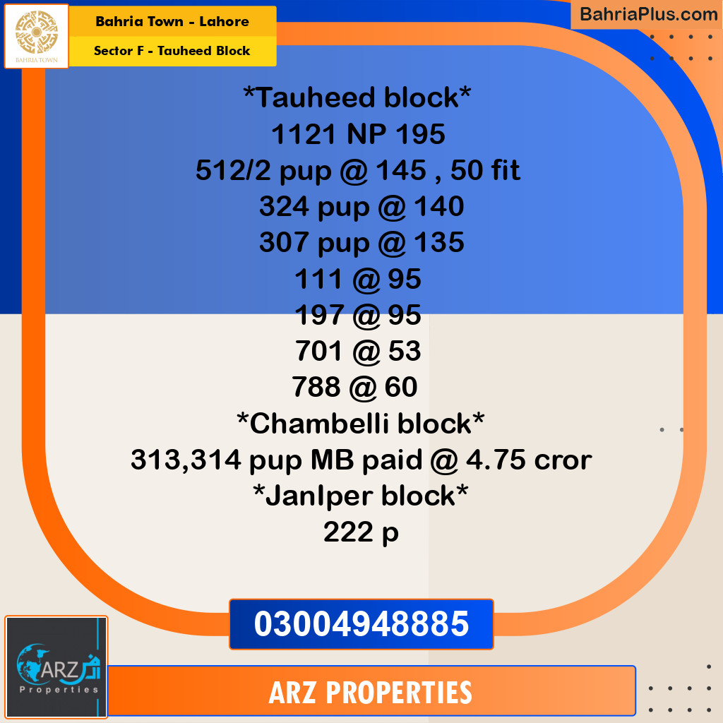 Residential Plot for Sale in Sector F - Tauheed Block - Bahria Town, Lahore - (BP-244499)