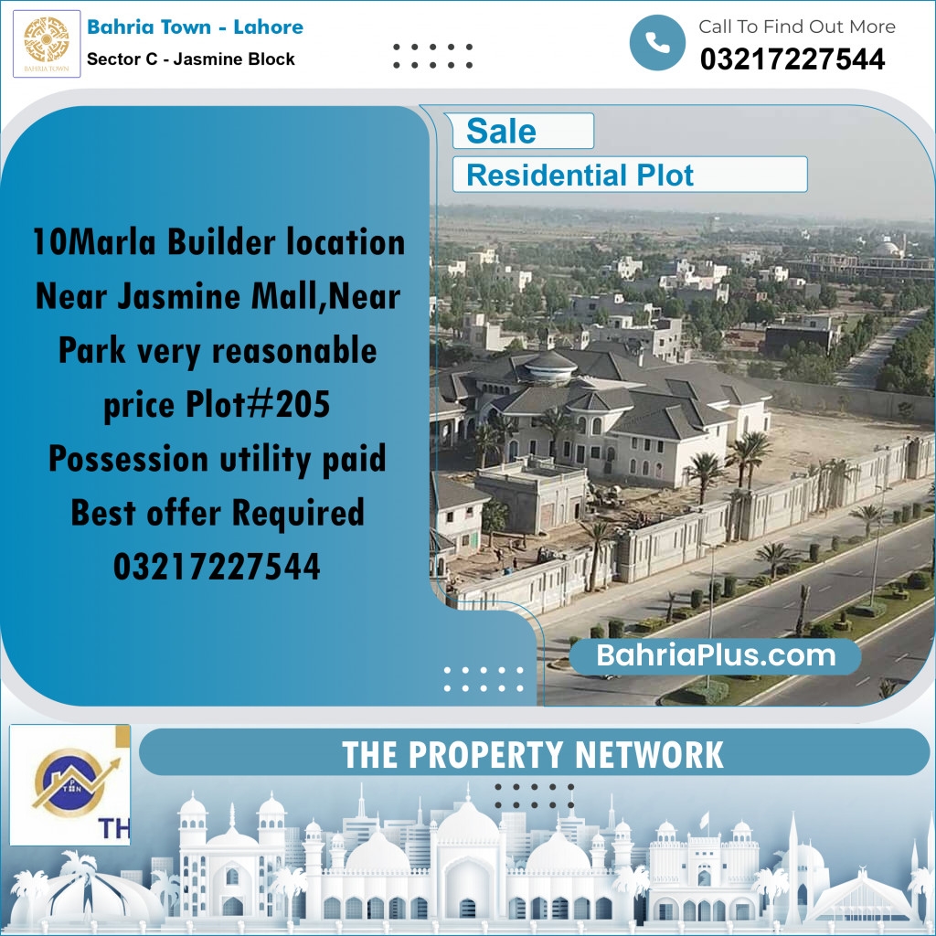 10 Marla Residential Plot for Sale in Sector C - Jasmine Block -  Bahria Town, Lahore - (BP-244551)