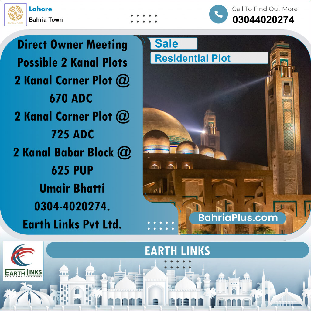 2 Kanal Residential Plot for Sale in Bahria Town, Lahore - (BP-244646)