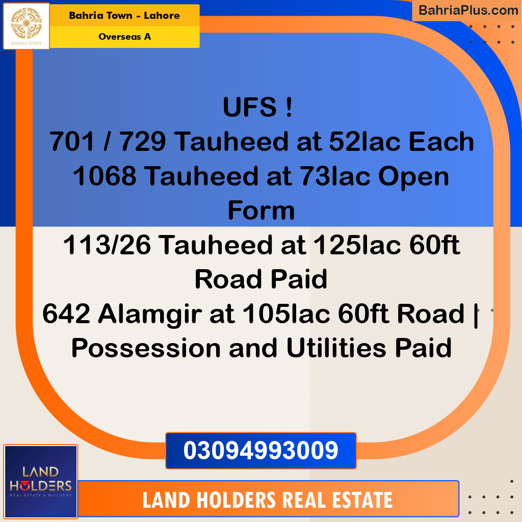 Residential Plot for Sale in Overseas A -  Bahria Town, Lahore - (BP-244706)