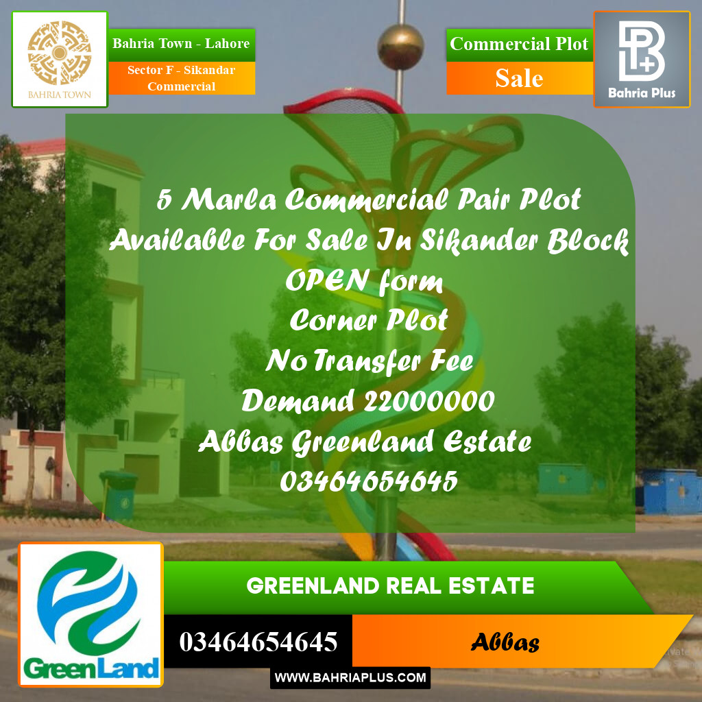 5 Marla Commercial Plot for Sale in Sector F - Sikandar Commercial -  Bahria Town, Lahore - (BP-244801)