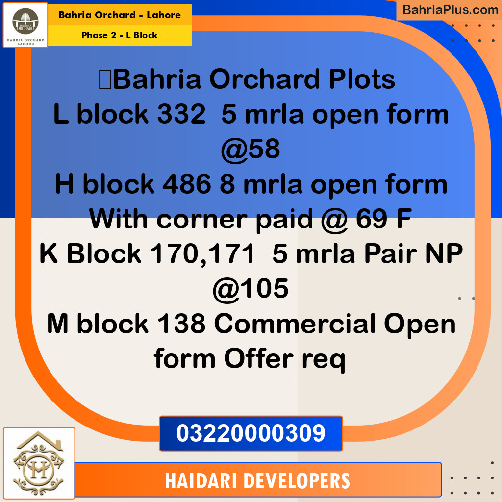 5 Marla Residential Plot for Sale in Phase 2 - L Block -  Bahria Orchard, Lahore - (BP-244957)