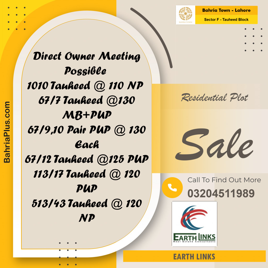 10 Marla Residential Plot for Sale in Sector F - Tauheed Block -  Bahria Town, Lahore - (BP-245254)