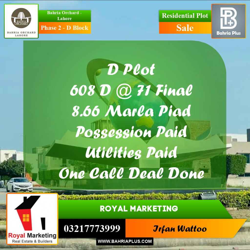 8 Marla Residential Plot for Sale in Phase 2 - D Block - Bahria Orchard, Lahore - (BP-245333)