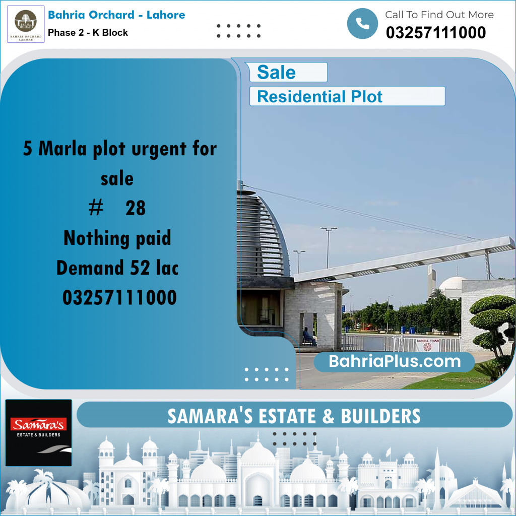 5 Marla Residential Plot for Sale in Phase 2 - K Block - Bahria Orchard, Lahore - (BP-245393)
