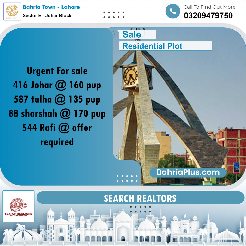 10 Marla Residential Plot for Sale in Sector E - Johar Block - Bahria Town, Lahore - (BP-245423)