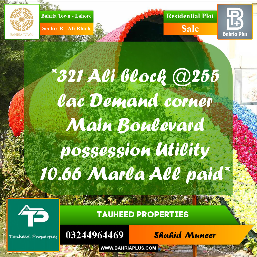10.66 Marla Residential Plot for Sale in Sector B - Ali Block -  Bahria Town, Lahore - (BP-245644)