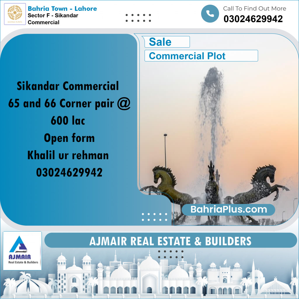 5 Marla Commercial Plot for Sale in Sector F - Sikandar Commercial -  Bahria Town, Lahore - (BP-245842)