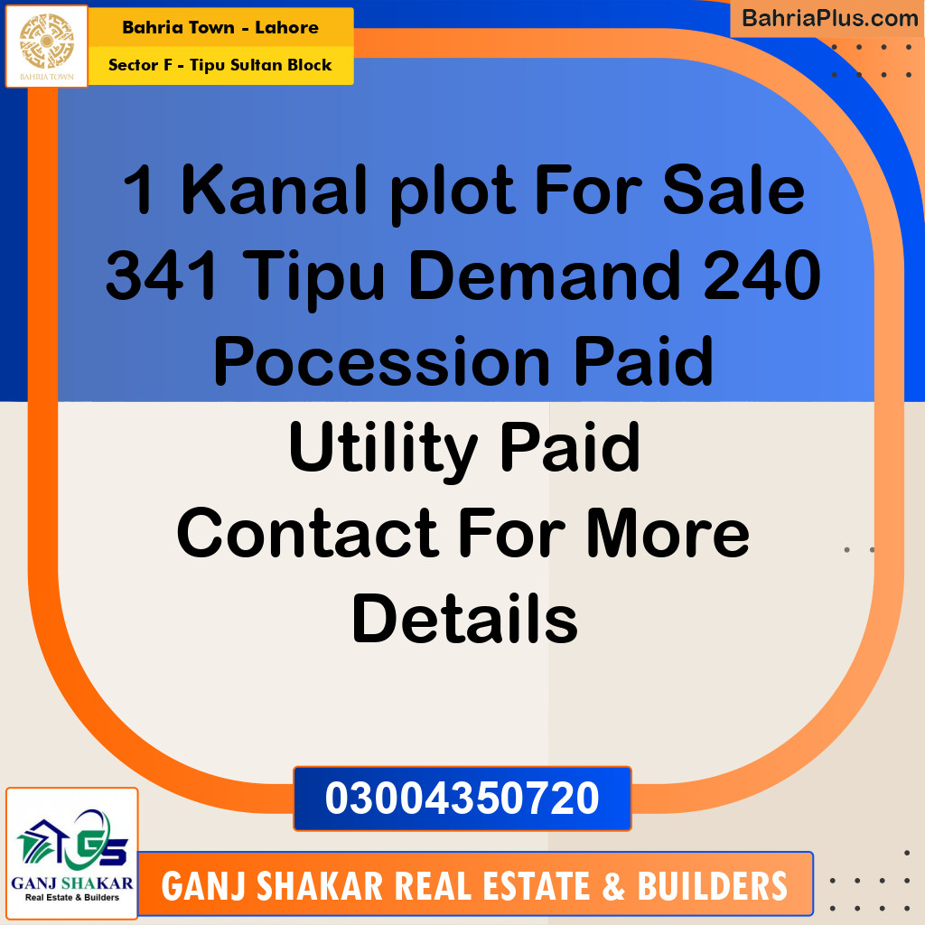 1 Kanal Residential Plot for Sale in Sector F - Tipu Sultan Block -  Bahria Town, Lahore - (BP-246016)
