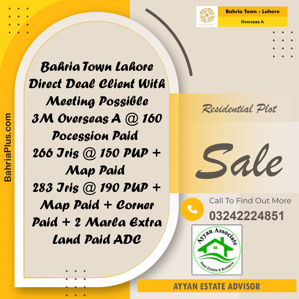 10 Marla Residential Plot for Sale in Overseas A - Bahria Town, Lahore - (BP-246332)