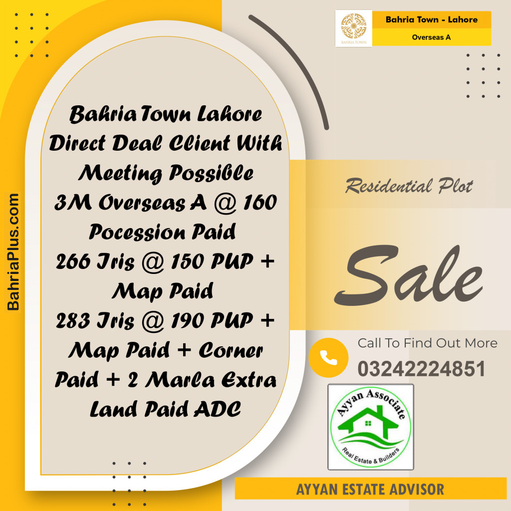 10 Marla Residential Plot for Sale in Overseas A -  Bahria Town, Lahore - (BP-246332)