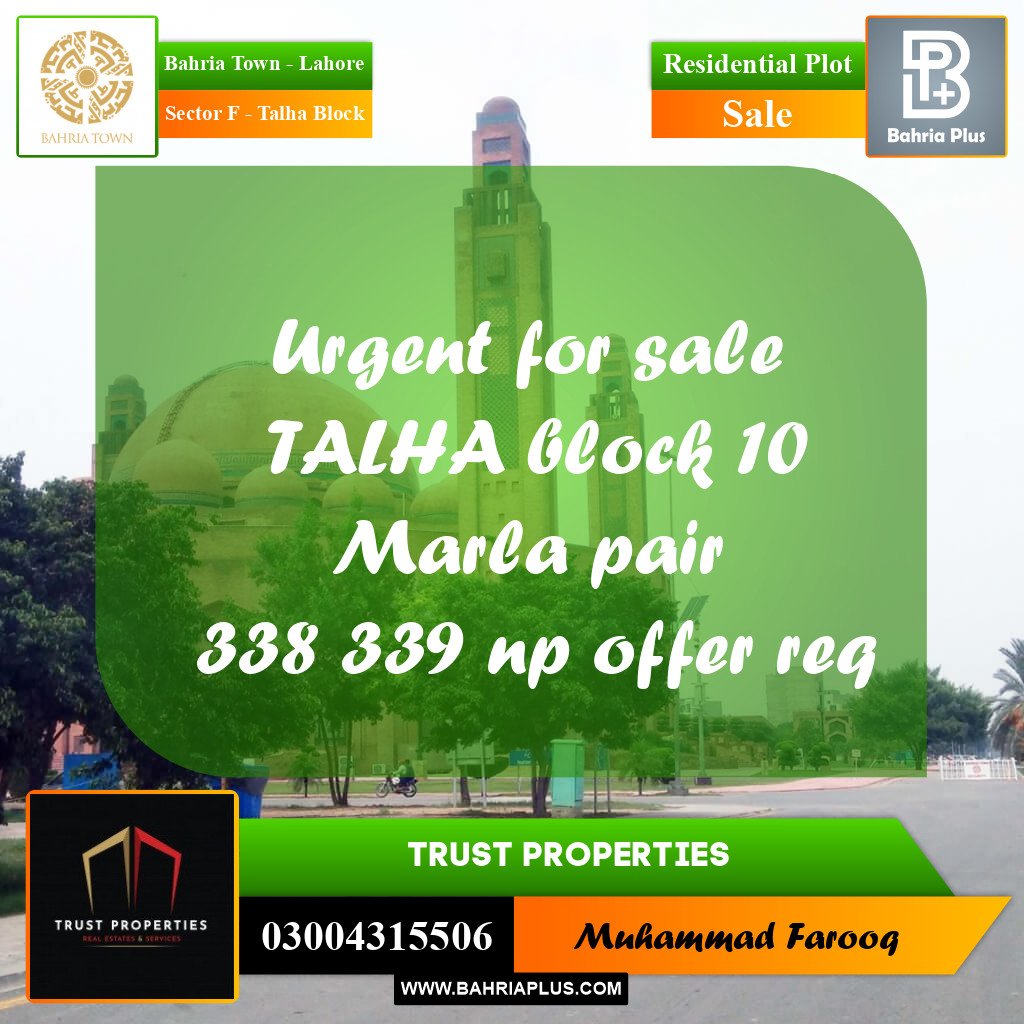10 Marla Residential Plot for Sale in Sector F - Talha Block -  Bahria Town, Lahore - (BP-246365)