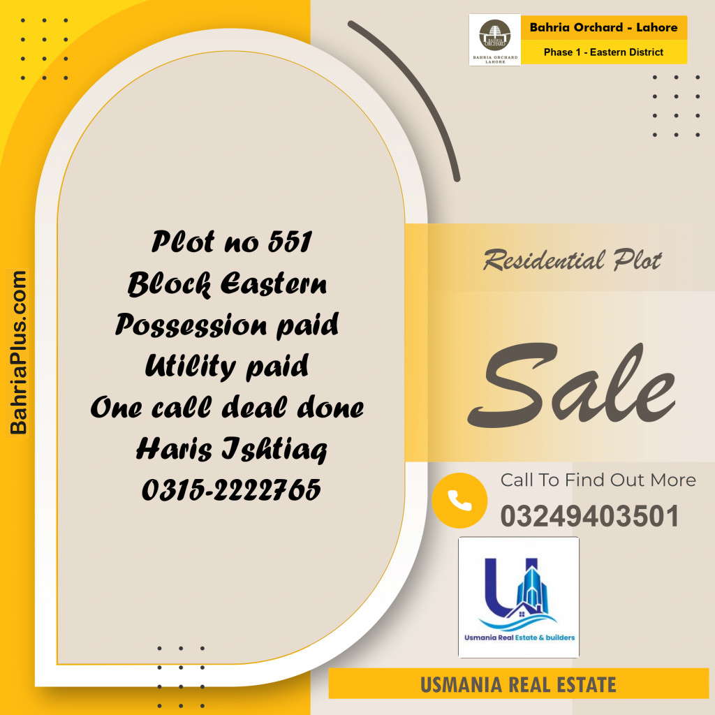 5 Marla Residential Plot for Sale in Phase 1 - Eastern District -  Bahria Orchard, Lahore - (BP-246397)