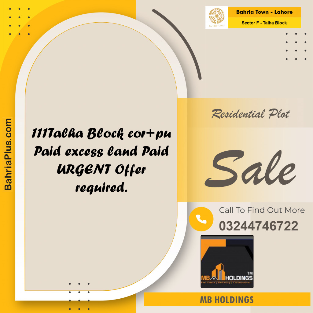11.64 Marla Residential Plot for Sale in Sector F - Talha Block -  Bahria Town, Lahore - (BP-246408)