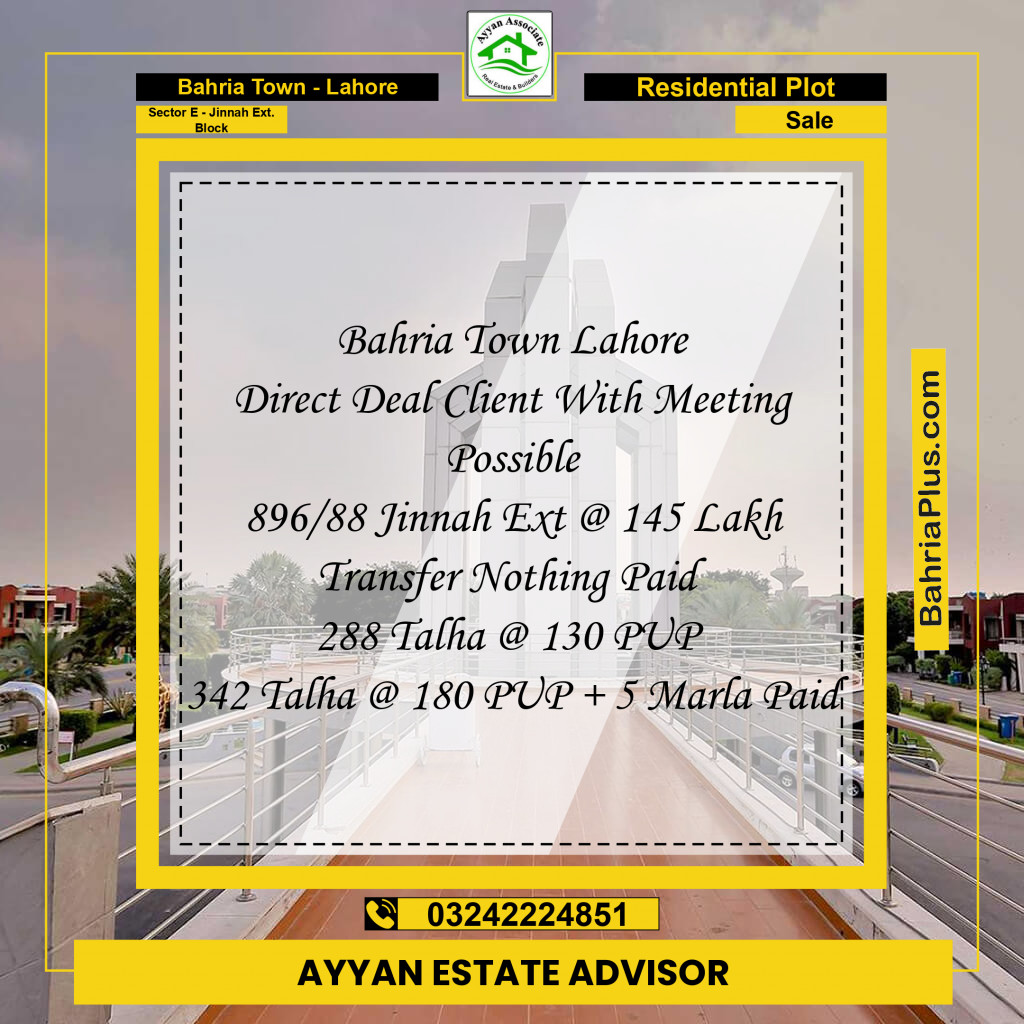 10 Marla Residential Plot for Sale in Sector E - Jinnah Ext. Block -  Bahria Town, Lahore - (BP-246538)