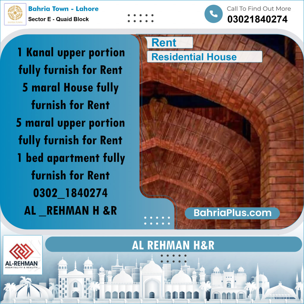 1 Kanal Residential House for Rent in Sector E - Quaid Block -  Bahria Town, Lahore - (BP-246612)