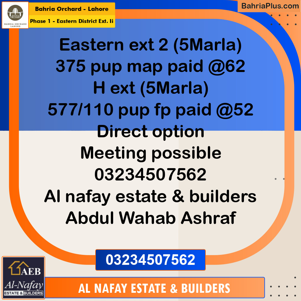 5 Marla Residential Plot for Sale in Phase 1 - Eastern District Ext. II -  Bahria Orchard, Lahore - (BP-246660)