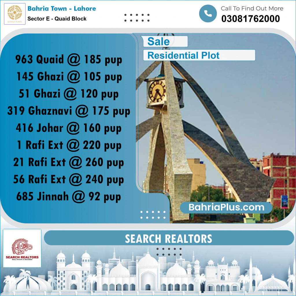10 Marla Residential Plot for Sale in Sector E - Quaid Block -  Bahria Town, Lahore - (BP-246758)