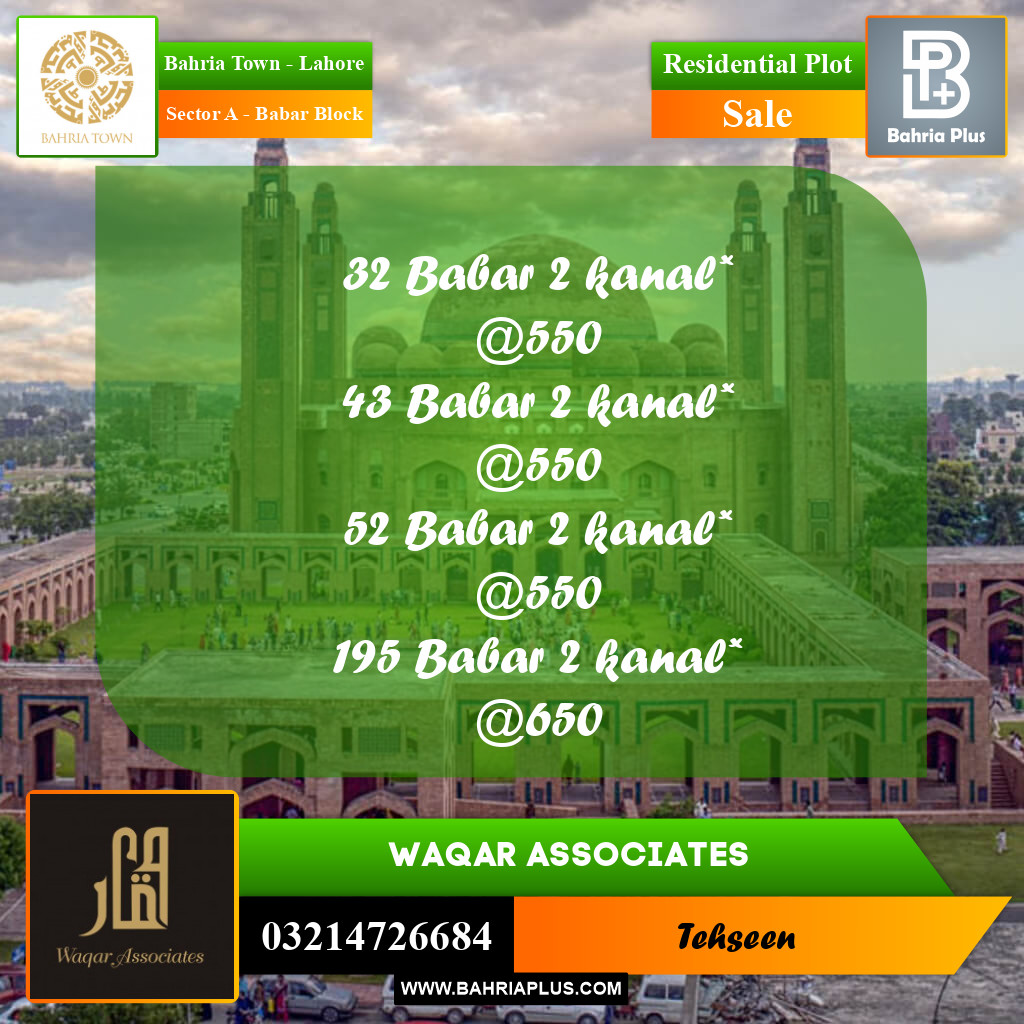 2 Kanal Residential Plot for Sale in Sector A - Babar Block -  Bahria Town, Lahore - (BP-246832)