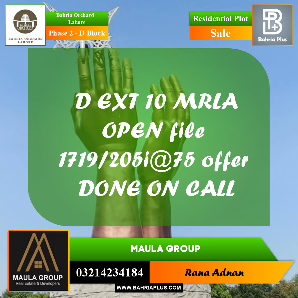 10 Marla Residential Plot for Sale in Phase 2 - D Block -  Bahria Orchard, Lahore - (BP-246918)