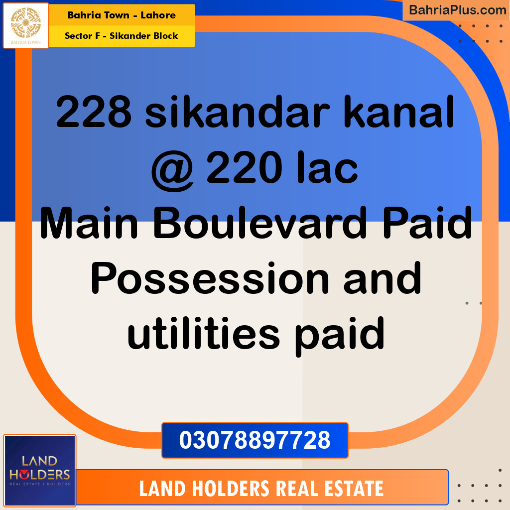 1 Kanal Residential Plot for Sale in Sector F - Sikander Block -  Bahria Town, Lahore - (BP-247025)