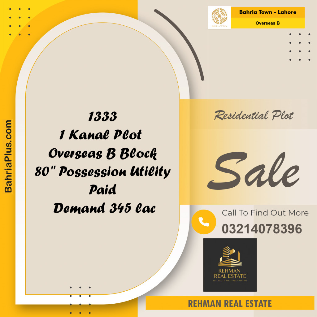 1 Kanal Residential Plot for Sale in Overseas B -  Bahria Town, Lahore - (BP-247337)