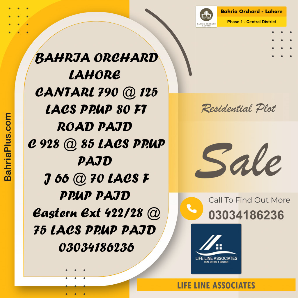 10 Marla Residential Plot for Sale in Phase 1 - Central District -  Bahria Orchard, Lahore - (BP-247344)