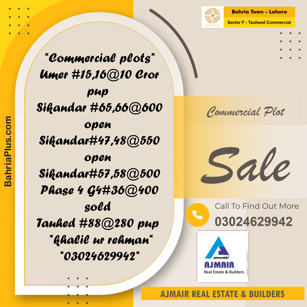 5 Marla Commercial Plot for Sale in Sector F - Tauheed Commercial -  Bahria Town, Lahore - (BP-247348)