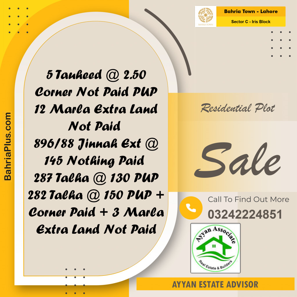 10 Marla Residential Plot for Sale in Sector C - Iris Block -  Bahria Town, Lahore - (BP-247401)