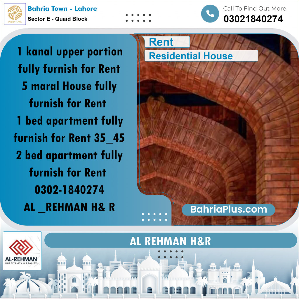 1 Kanal Residential House for Rent in Sector E - Quaid Block -  Bahria Town, Lahore - (BP-247468)