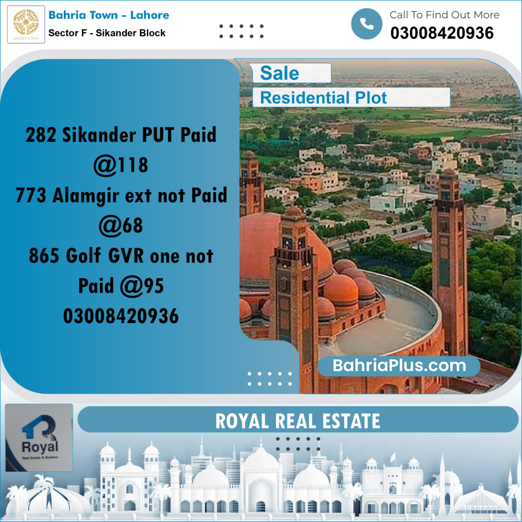 10.66 Marla Residential Plot for Sale in Sector F - Sikander Block -  Bahria Town, Lahore - (BP-247647)