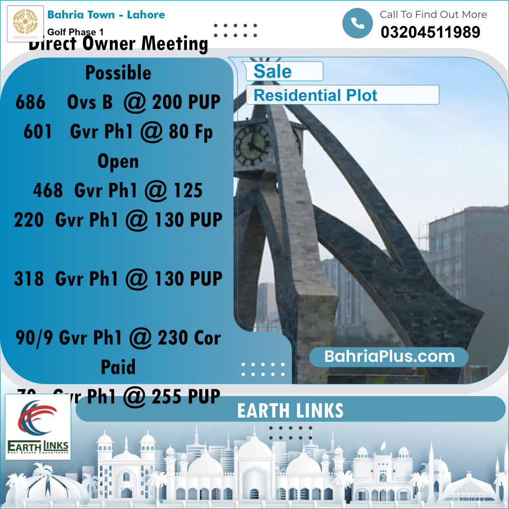 10 Marla Residential Plot for Sale in Golf Phase 1 -  Bahria Town, Lahore - (BP-247755)