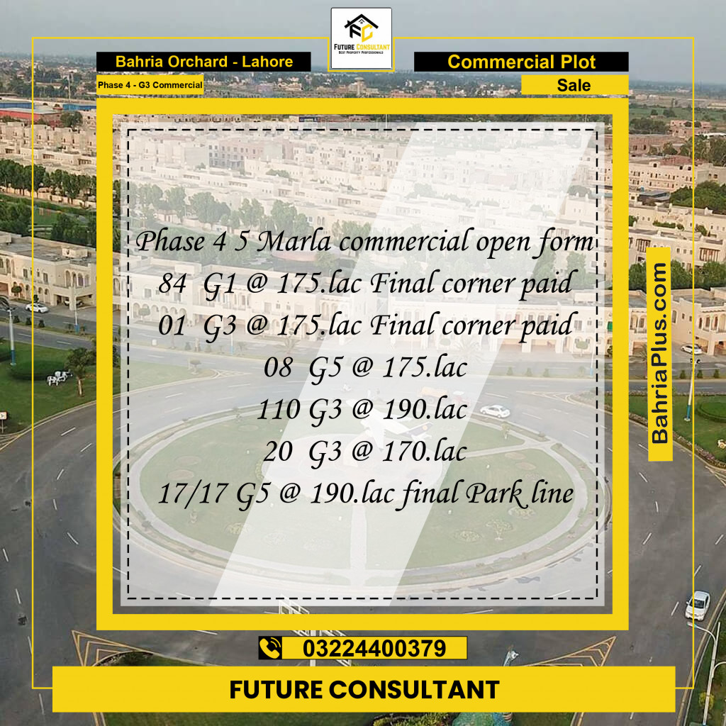5 Marla Commercial Plot for Sale in Phase 4 - G3 Commercial -  Bahria Orchard, Lahore - (BP-247789)
