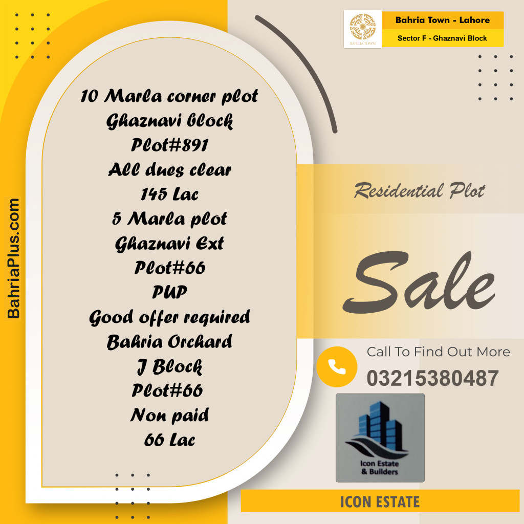 10 Marla Residential Plot for Sale in Sector F - Ghaznavi Block -  Bahria Town, Lahore - (BP-247801)