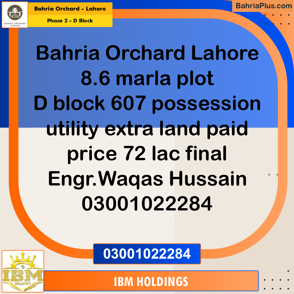 8 Marla Residential Plot for Sale in Phase 2 - D Block -  Bahria Orchard, Lahore - (BP-247895)