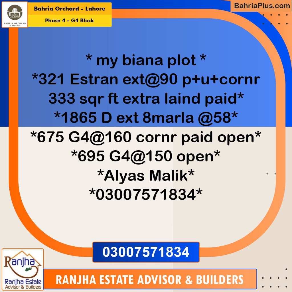 1 Kanal Residential Plot for Sale in Phase 4 - G4 Block -  Bahria Orchard, Lahore - (BP-248053)