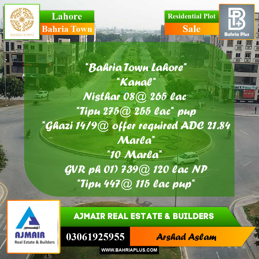 Residential Plot for Sale in Bahria Town, Lahore - (BP-248080)