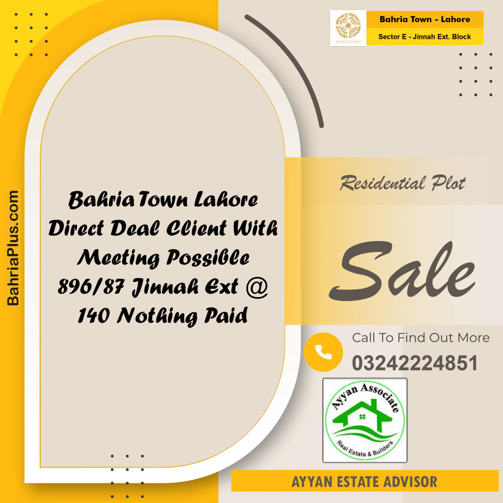 10 Marla Residential Plot for Sale in Sector E - Jinnah Ext. Block -  Bahria Town, Lahore - (BP-248180)