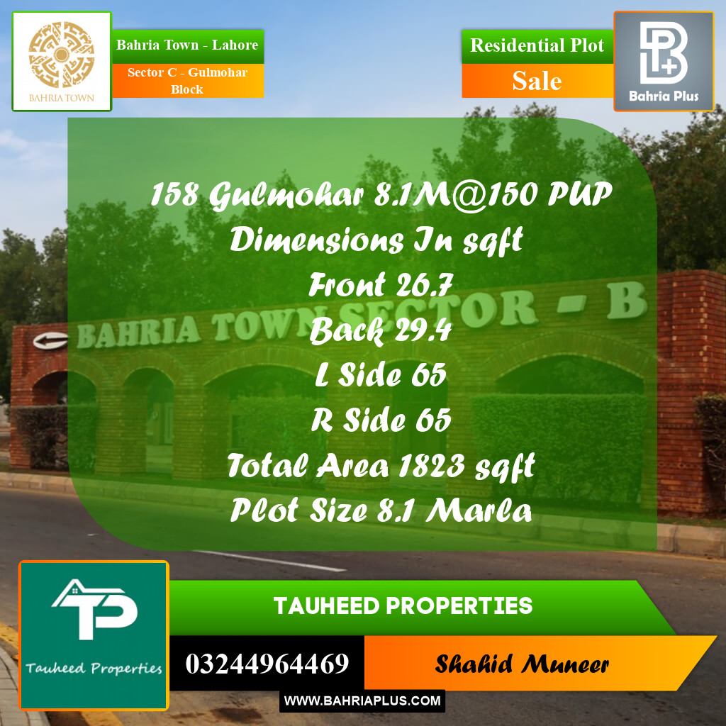 8.1 Marla Residential Plot for Sale in Sector C - Gulmohar Block -  Bahria Town, Lahore - (BP-248553)