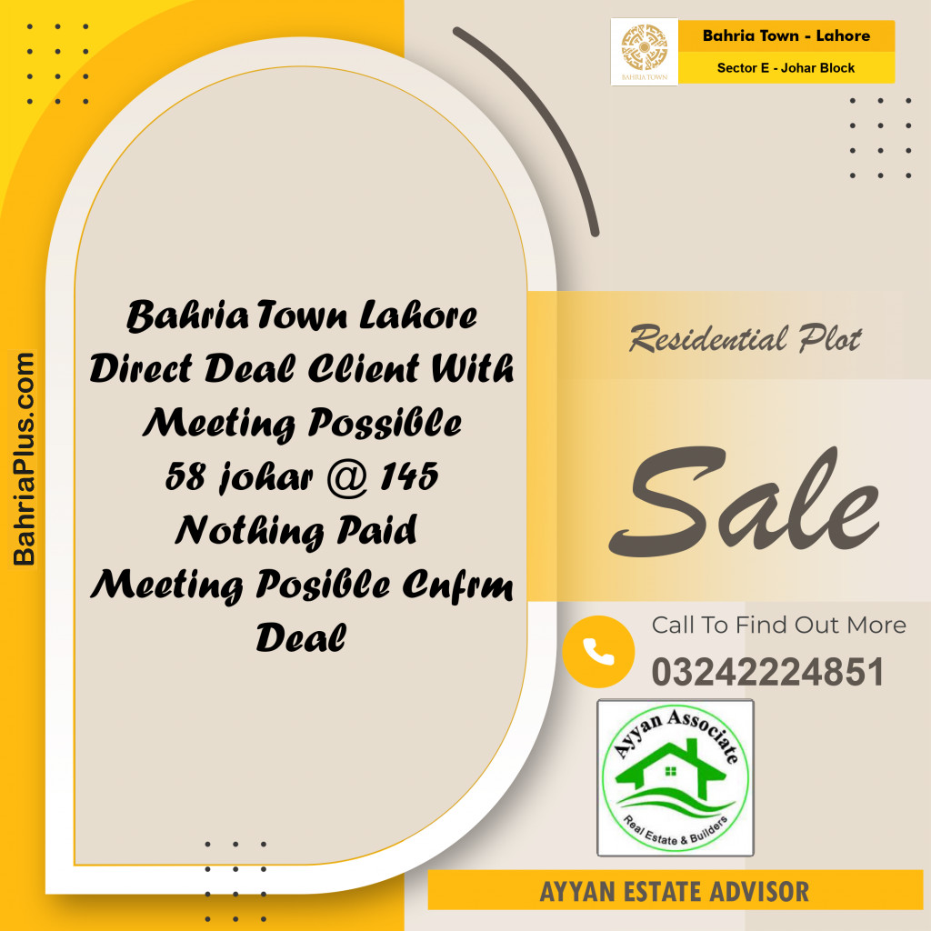 10 Marla Residential Plot for Sale in Sector E - Johar Block -  Bahria Town, Lahore - (BP-248556)